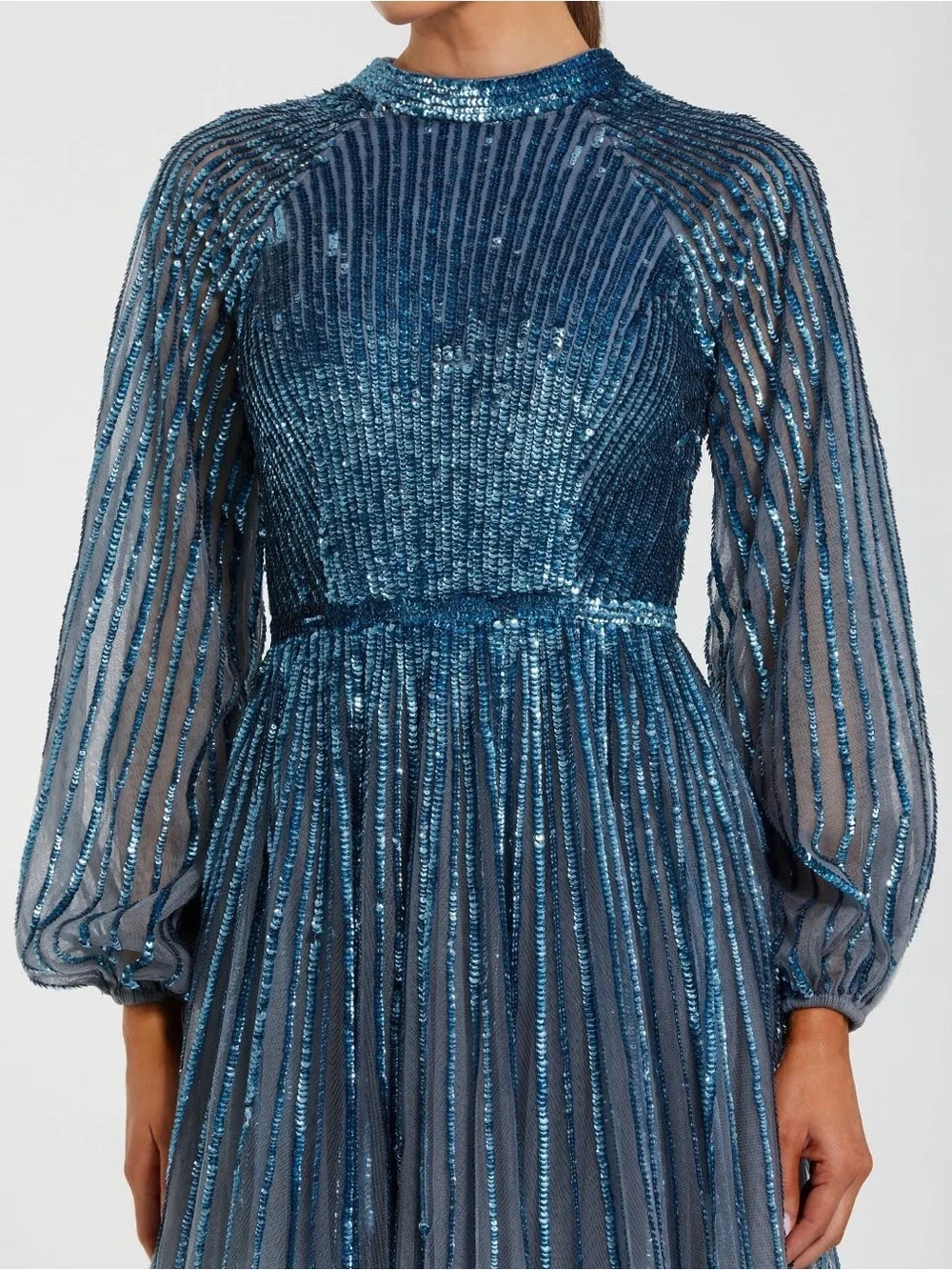 Mac Duggal 6206 Blue Ombré Sequin Long Sleeve A-Line Evening Dress Size 12 NWT - Picture 2 of 15